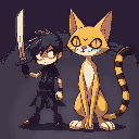 duas cinuetas uma de um humano com uma espada e outa de um gato antropomofico com um grande machado nas patas. arte no estilo undertale