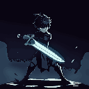 a silhueta de um humano com uma espada em mãos. ele esta em posição de conbate seguindo o estilo de arte do jogo undertale