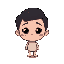 face:  rounded and youthful face.  no marked expression, conveying slight melancholy or neutrality.  no visible mouth.  cheeks have two dark marks/vertical dotted lines, resembling stylized freckles. 