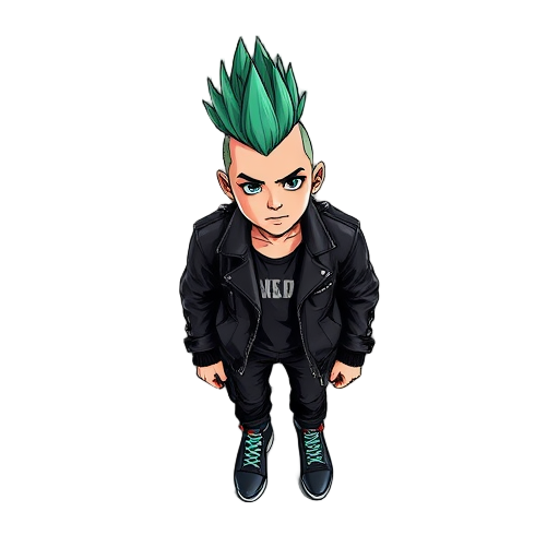 hotline miami style,top-down view, boy,punk, mohawk hairstyle, leather jacket with spikes