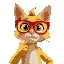 a yellow cat with red glasses, striking an interesting pose