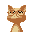 a yellow cat with red glasses looking upwards