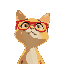 a yellow cat with red glasses looking upwards