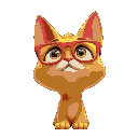 a yellow cat with red glasses looking upwards