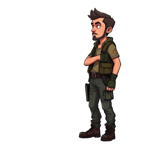 photorealistic character of a post-apocalyptic survivor, male, 30 to 40 years old, profile to the right.