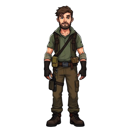 photorealistic post-apocalyptic survivor character, male, 30-40 years old