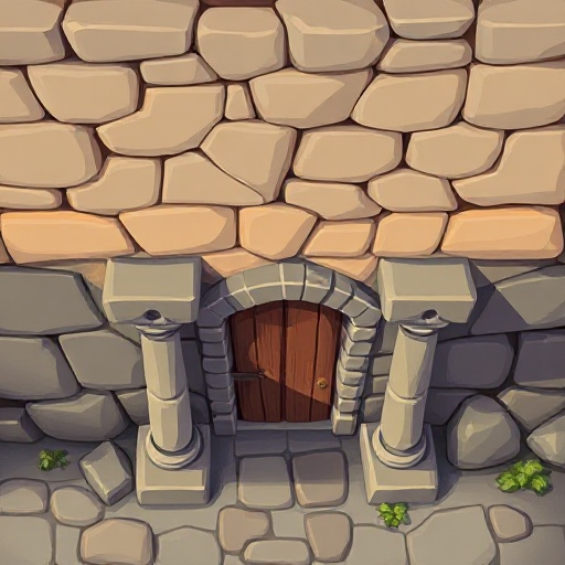 uma masmorra topdown com a parede acinzentada de tijolos na parte superior ocupando um quarto da tela, dois pilares de pedra um em cada lado e uma porta de madeira no meio