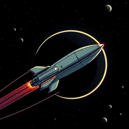 a long retro vintage spaceship orbiting a black hole