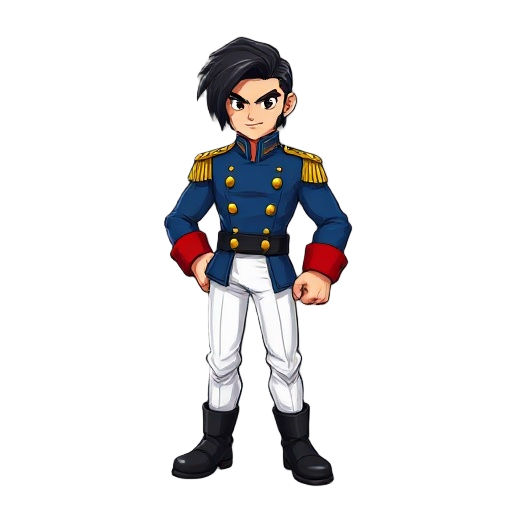 cartoon-style 2d hero with slick black hair, sideburns, blue military coat with gold buttons and epaulettes, red cuffs, white pants, black boots. confident, strong, fighter stance.