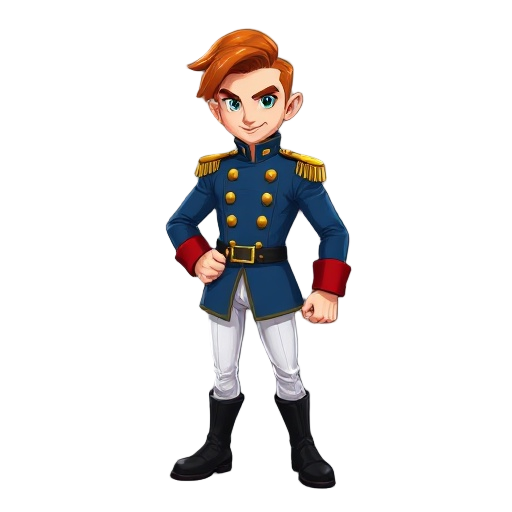 cartoon-style 2d hero with slick copper hair, sideburns, blue military coat with gold buttons and epaulettes, red cuffs, white pants, black boots. confident, strong, fighter stance