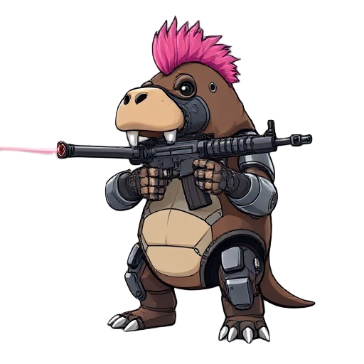 metal robot walrus; holding a ar-15 style laser rifle pointed forward, ready to shoot; he has a pink mohawk; his tusks are long and metallic