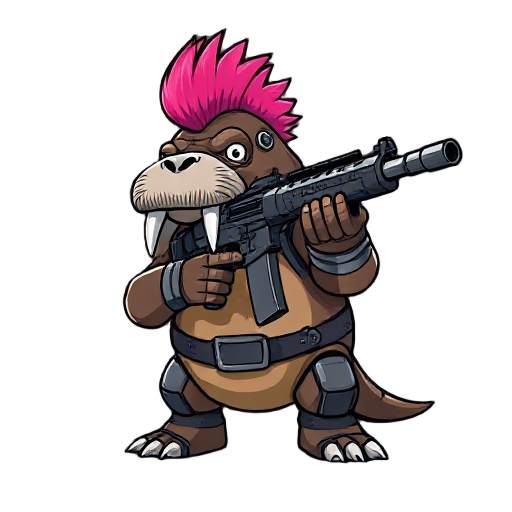 metal robot walrus; holding a ar-15 style laser rifle pointed forward, ready to shoot; he has a pink mohawk; his tusks are long and metallic