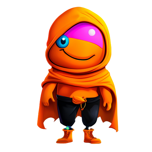 personaje caricaturesco con capucha y capa naranja muñeco de trapo, gran sonrisa cosida, un ojo en x y otro rosado, pecho descubierto, pantalón negro con lazo azul y pies descalzos. estilo 2d simple.