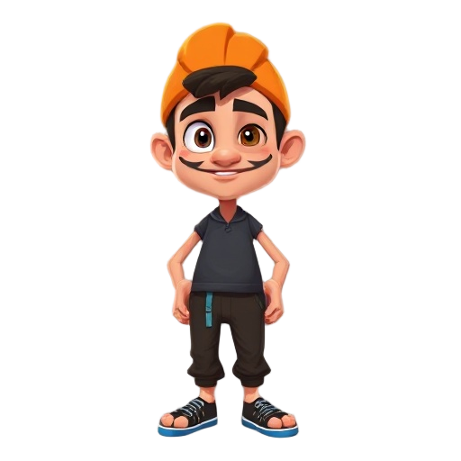 personaje caricaturesco con capucha y capa naranja muñeco de trapo, gran sonrisa cosida, un ojo en x y otro rosado, pecho descubierto, pantalón negro con lazo azul y pies descalzos. estilo 2d simple.