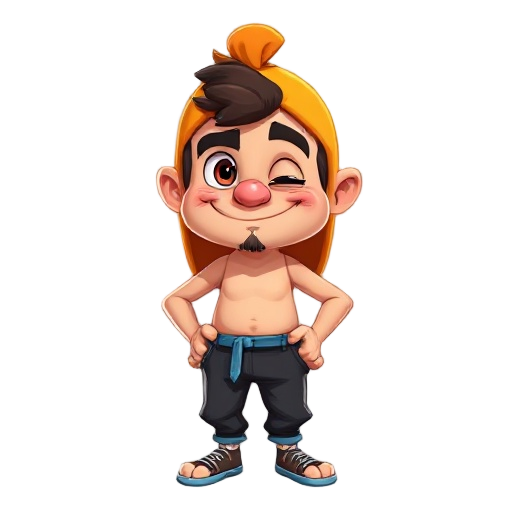personaje caricaturesco con capucha y capa naranja muñeco de trapo, gran sonrisa cosida, un ojo en x y otro rosado, pecho descubierto, pantalón negro con lazo azul y pies descalzos. estilo 2d simple.