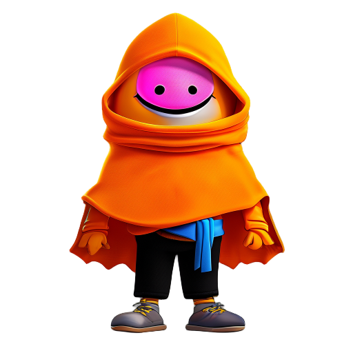 personaje caricaturesco con capucha y capa naranja muñeco de trapo, gran sonrisa cosida, un ojo en x y otro rosado, pecho descubierto, pantalón negro con lazo azul y pies descalzos. estilo 2d simple.