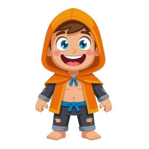 personaje caricaturesco con capucha y capa naranja muñeco de trapo, gran sonrisa cosida, un ojo en x y otro rosado, pecho descubierto, pantalón negro con lazo azul y pies descalzos. estilo 2d simple.