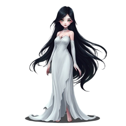 elegant and haunting female ghost with a graceful, curvy silhouette, long flowing black hair, wearing a tattered yet regal white gown, glowing pale skin, mysterious aura, mist swirling around her feet, inspired by southeast asian folklore, cinematic light