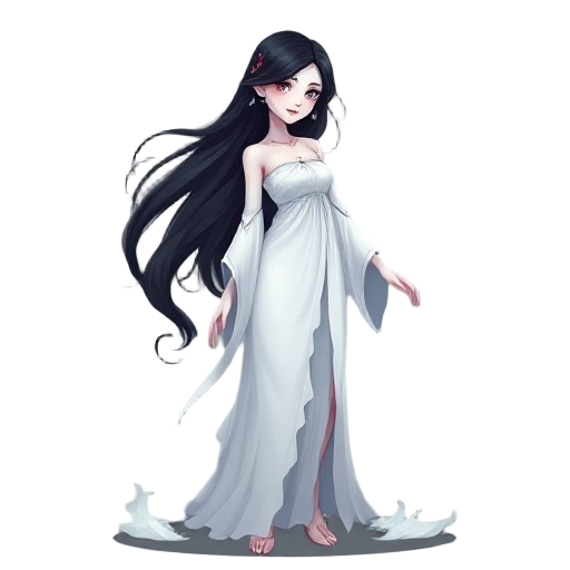 elegant and haunting female ghost with a graceful, curvy silhouette, long flowing black hair, wearing a tattered yet regal white gown, glowing pale skin, mysterious aura, mist swirling around her feet, inspired by southeast asian folklore, cinematic light