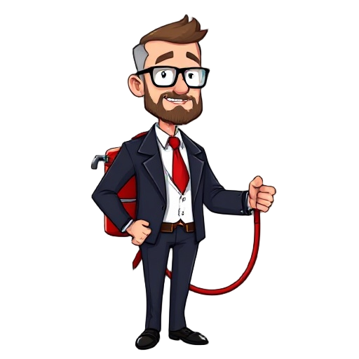 sprites of a man with very short hair, short beard and glasses, wearing a tuxedo with a red tie, carrying a red fire extinguisher on his back and holding the hose