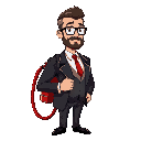 sprites of a man with very short hair, short beard and glasses, wearing a tuxedo with a red tie, carrying a red fire extinguisher on his back and holding the hose