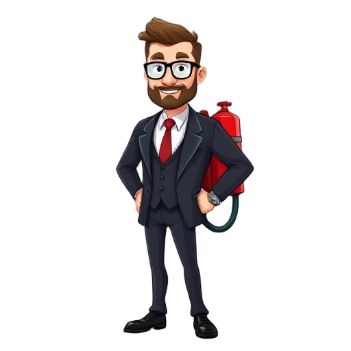 man with very short hair, short beard and glasses, wearing a tuxedo with a red tie, carrying a red fire extinguisher on his back and holding the hose in hand