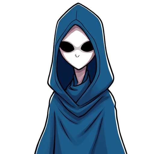 a mysterious, slender figure with an almost feminine form, hidden beneath a smooth white mask and a flowing blue hooded cloak that conceals their entire body