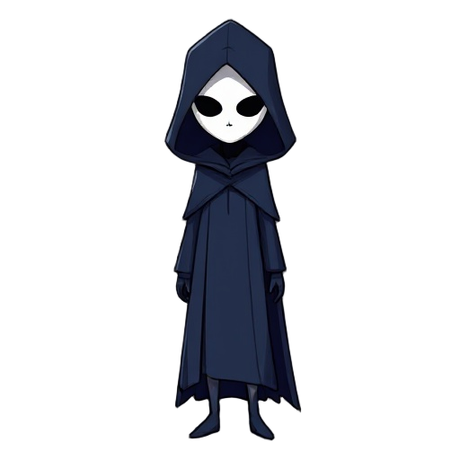 a mysterious, slender figure with an almost feminine form, hidden behind a smooth white mask and a deep blue hooded cloak that covers their entire body