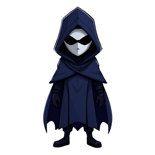 a shadowy and mysterious figure wearing a smooth, white mask and a deep blue hooded cloak that drapes over their entire body