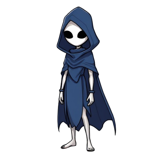 a mysterious, slender figure with an almost feminine form, hidden beneath a smooth white mask and a flowing blue hooded cloak that conceals their entire body
