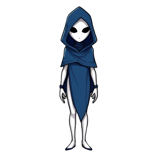 a mysterious, slender figure with an almost feminine form, hidden beneath a smooth white mask and a flowing blue hooded cloak that conceals their entire body