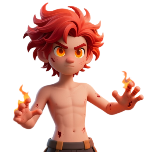 características físicas  cabelos naturalmente vermelhos, arrepiados ou sempre “em movimento”, como se reagissem ao calor  olhos em tons de âmbar ou laranja, que brilham quando usa o poder  corpo magro e ágil, típico da idade  pequenas marcas de queimadura