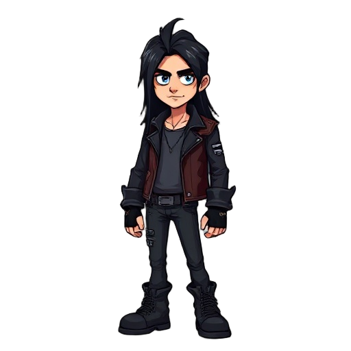 a metal band member with leather jack and long black hair  in the style of scott pilgrim game