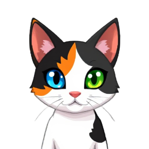 pixelated calico cat with a blue eye on the left and a green eye on the right. black fur around the left eye and orange fur around the right eye.