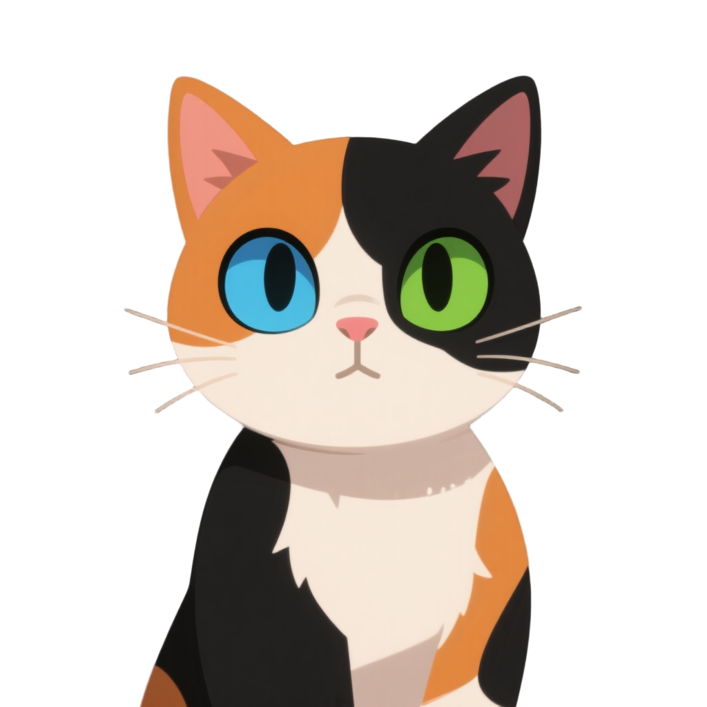 calico cat with a blue left eye and a green right eye. black fur around the blue eye and orange fur around the blue eye