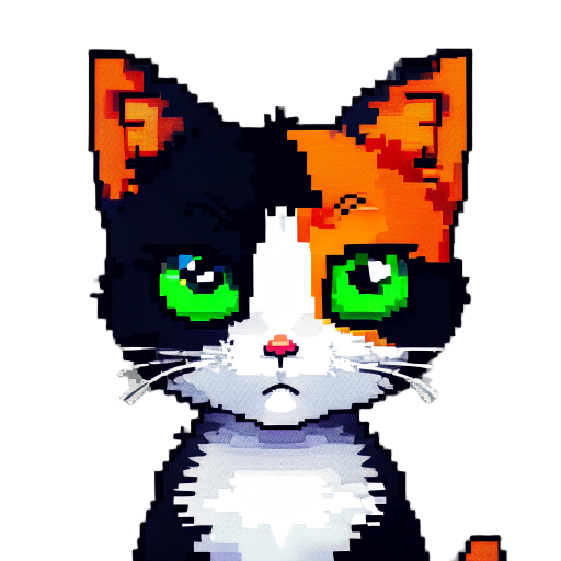 pixelated calico cat with a blue eye on the left and a green eye on the right. black fur around the left eye and orange fur around the right eye.