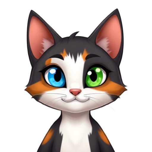 calico cat with a blue left eye and a green right eye. black fur around the blue eye and orange fur around the blue eye