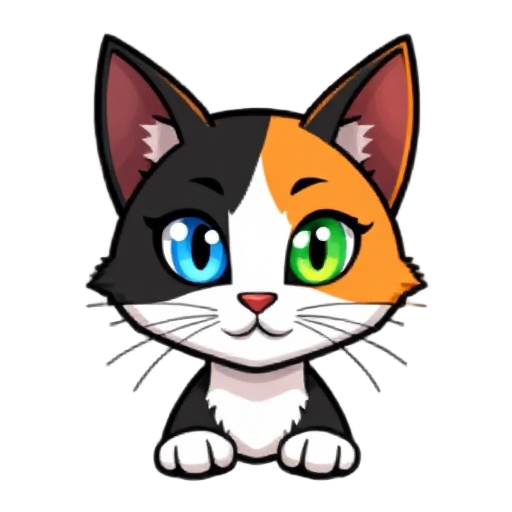 pixelated calico cat with a blue left eye and a green right eye. black fur around the left eye and orange fur around the right eye