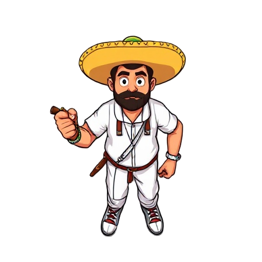  the protagonist, a pixelated man dressed in a white taco vendor outfit with a taco al pastor trompo grabing it like a mace. . the attention to detail is evident in the animated frames, with smooth 