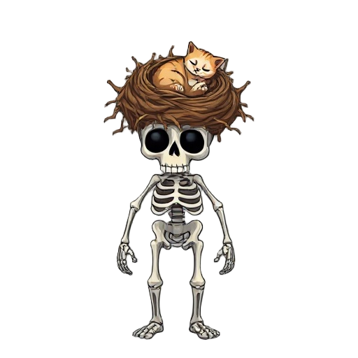 skeleton with nest on his head and a cat is sleeping in that nest