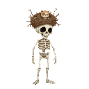 skeleton with nest on his head and a cat is sleeping in that nest
