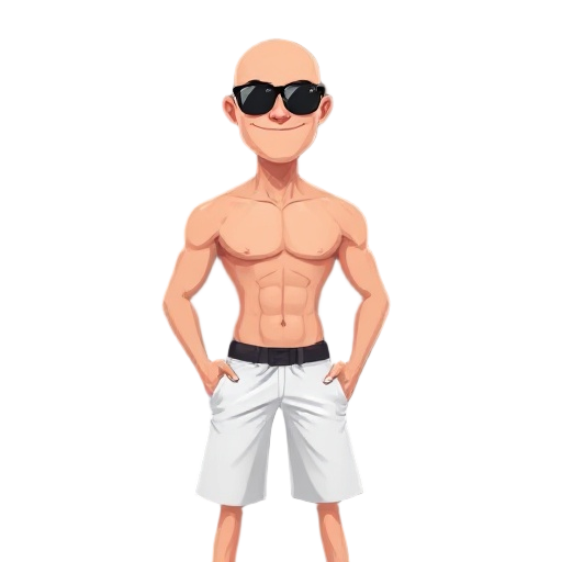 caucasian male, bald, shirtless, white shorts, dark sunglasses. 