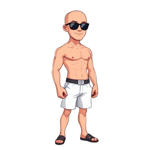 caucasian male, bald, shirtless, white shorts, dark sunglasses, sprite 2d