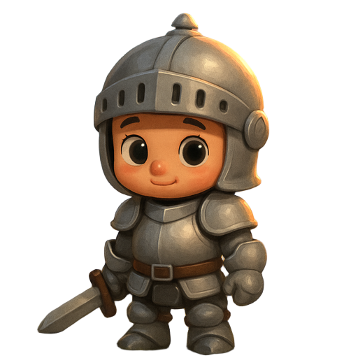 a cute little medieval warrior in full plate armor — cartoon style — compact body with childlike proportions, big expressive eyes, shy smile. simple setting: soft grassy field at sunset with warm gentle light. style: digital art, soft volumetric lighting,