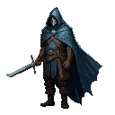 um esqueleto usando um manto azul que cobre metade do seu corpo e ele usa uma armadura meio medieval e um cindo de xerife e segurando uma arma na mão esquerda e uma espada na mão direita