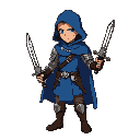 um esqueleto usando um manto azul que cobre metade do seu corpo e ele usa uma armadura meio medieval e um cindo de xerife e segurando uma arma na mão esquerda e uma espada na mão direita