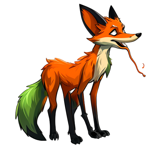a quadruped fox-like creature with an apparent long tongue. has orange to green color shades, with black extremities