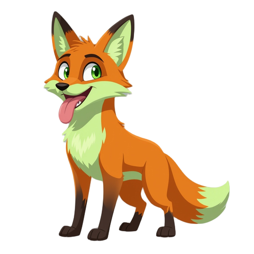 a quadruped fox-like creature with an apparent long tongue. has orange to green color shades, with black extremities