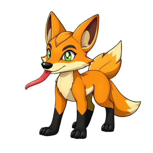 a quadruped fox-like creature with an apparent long tongue. has orange to green color shades, with black extremities