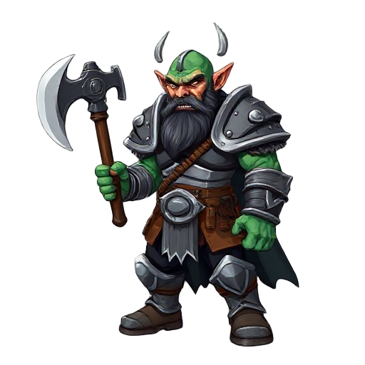 orc warrior wearing full plate armor and wielding two-handed fire axe